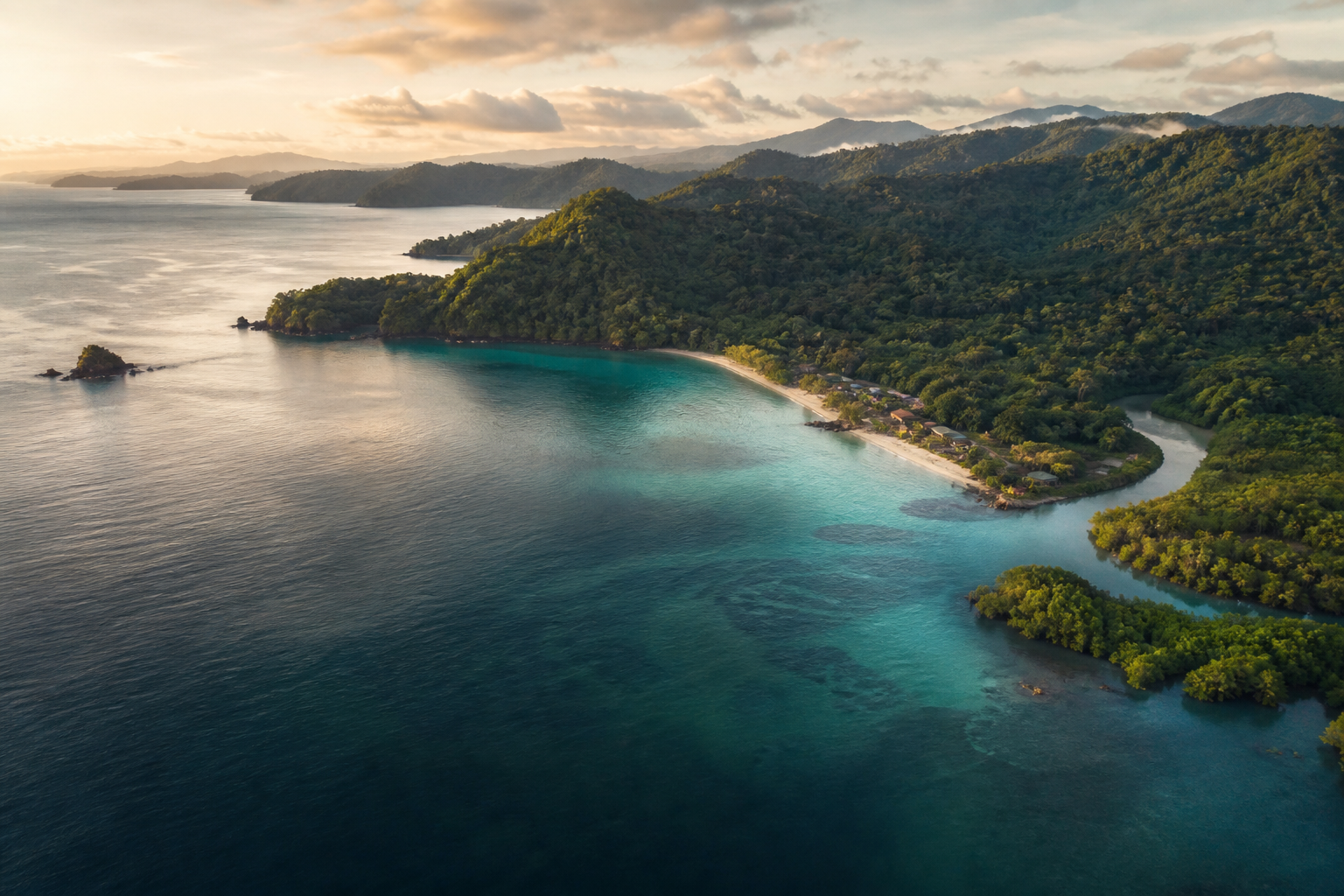 Conceptual aerial view of Panama's Pacific rainforest coast near Coiba