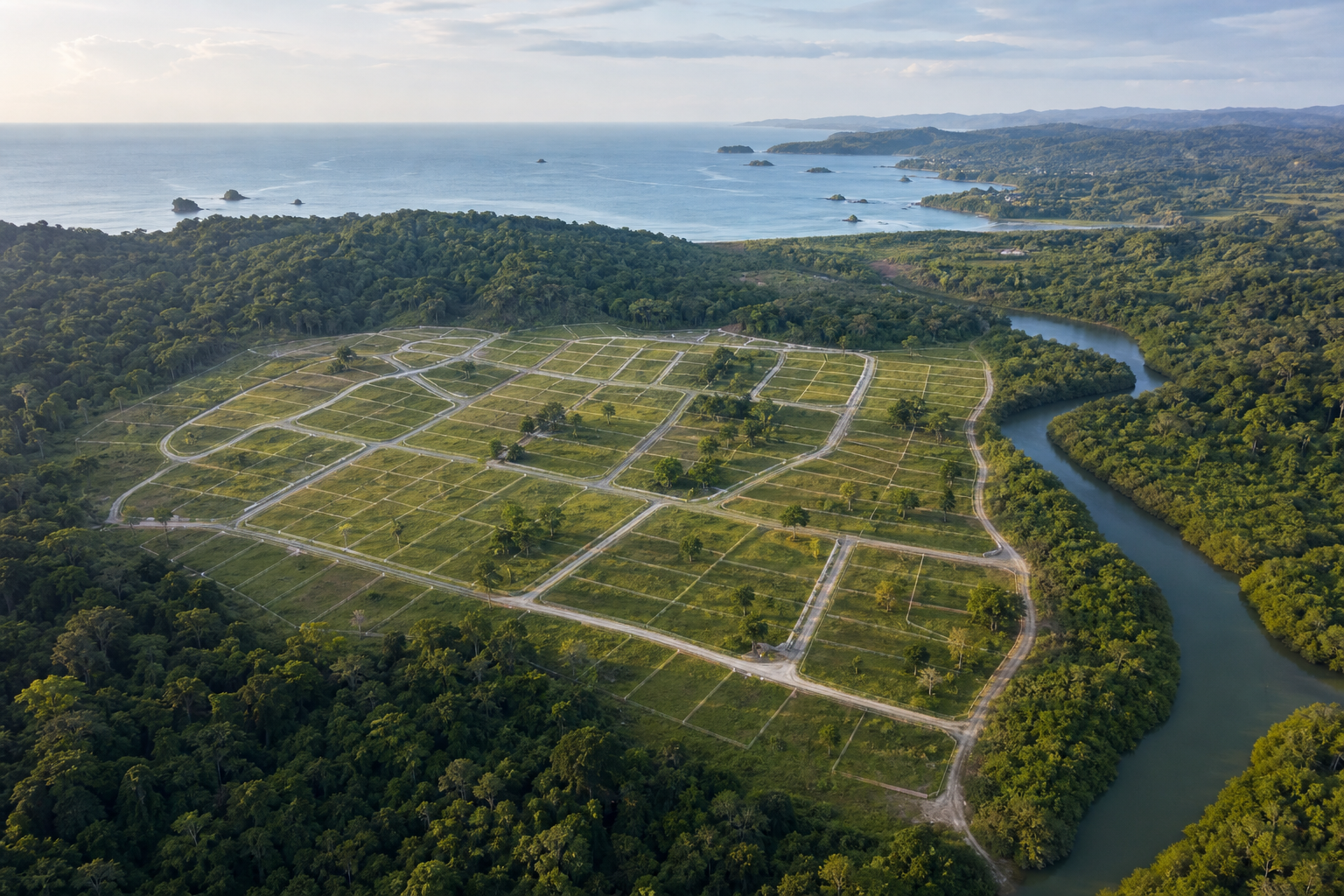 Conceptual aerial view of infrastructure-ready lots near rainforest and ocean